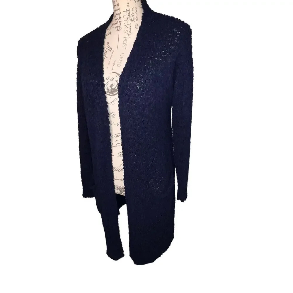 Navy blue cotton woven long sleeve‎ bubble knit pocketed cardigan size large
